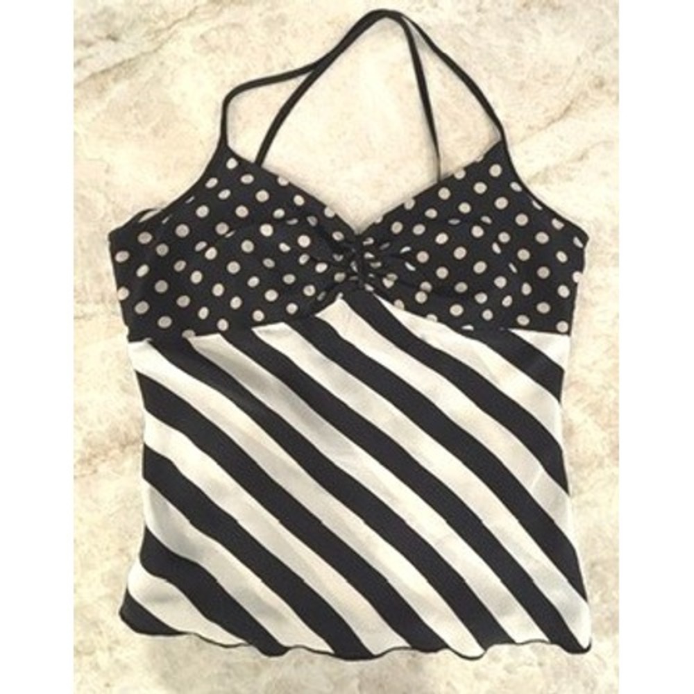 Dot & Stripe Silk Camisole, Cross Strappy Back, Black & Ivory